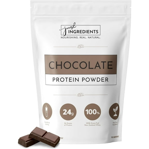 JUST INGREDIENTS Protein Powder | 15 Servings | 24g Protein | Chocolate Flavor Made with 100% Grass-Fed, Non-Denatured Whey | Five Different Sources from Organic Whole Food Ingredients