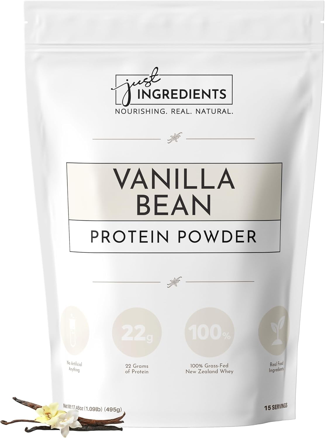 JUST INGREDIENTS Protein Powder | Vanilla Protein Powder Made with 100% Grass Fed, Non Denatured Whey | Four Different Protein Sources from Organic Whole Food Ingredients | 15 Servings | 22g Protein
