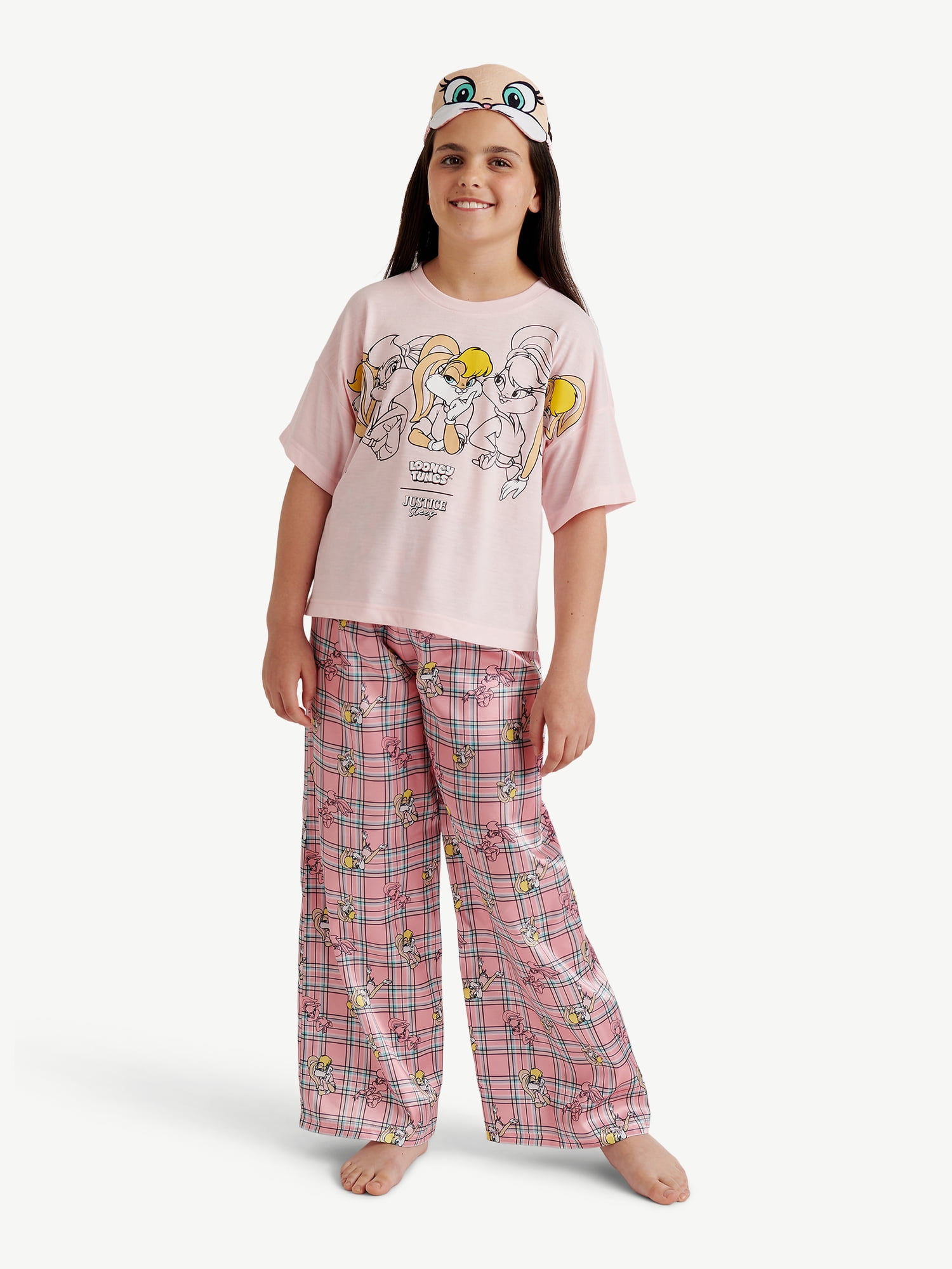 Looney Tunes X Justice Girls Short Sleeve Sleep Top and Sleep Pants with Eyemask, 3-Piece, Sizes 5-18