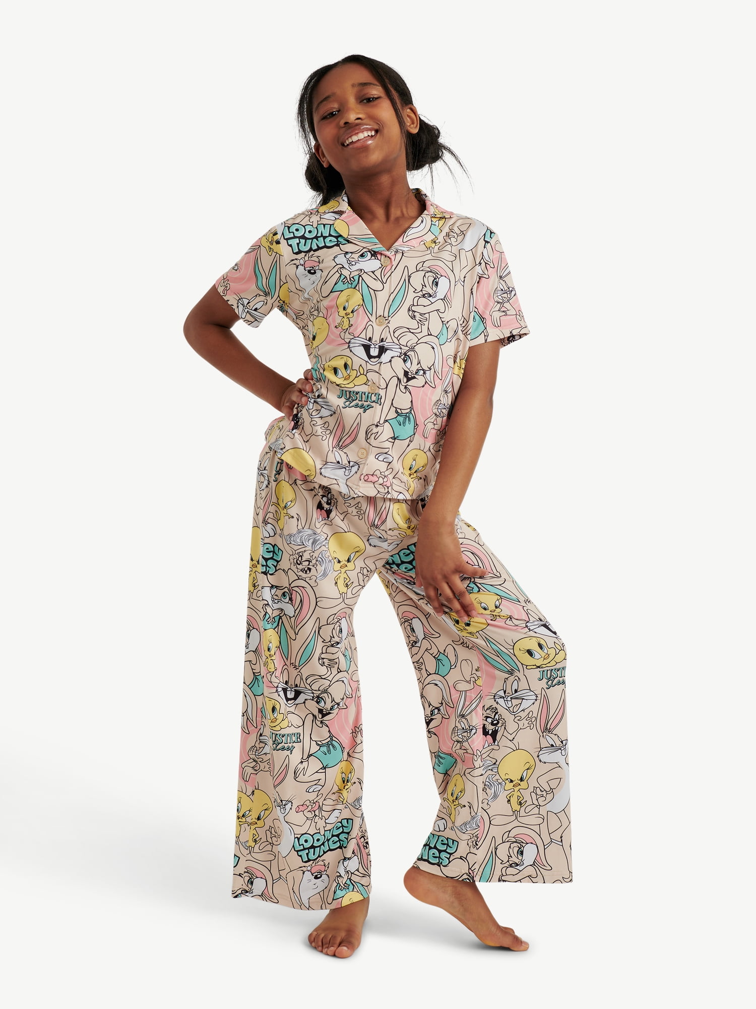 Looney Tunes X Justice Girls Short Sleeve Button Front Sleep Top and Sleep Pants, 2-Piece, Sizes 5-18