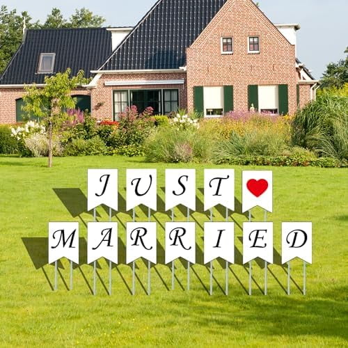 JUST MARRIED Yard Signs with Stakes,13.7x9.8 Inches Wedding Outdoor Lawn Signs,Patio Decorations, Garden Lawn Decorations for Anniversary