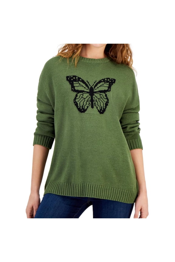 Womens Butterfly Graphic Ribbed Edge Pullover Sweater, Green, Juniors, Large