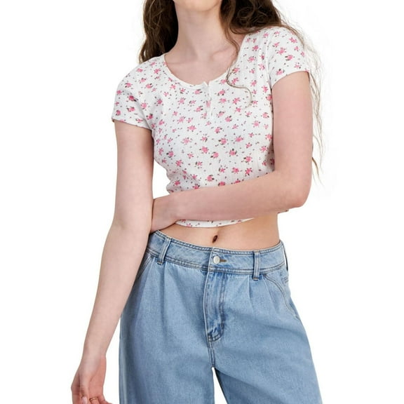 JUST POLLY Womens Floral Henley Shirt, Multicoloured, Juniors, Medium