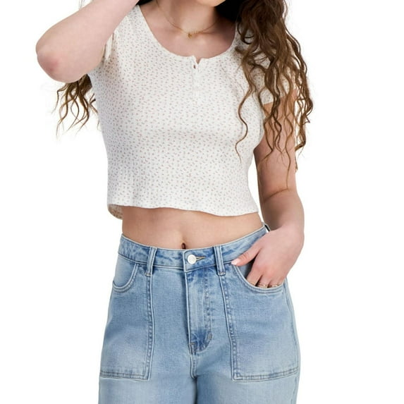 JUST POLLY Womens Floral Henley Shirt, Multicoloured, Juniors, X-Large