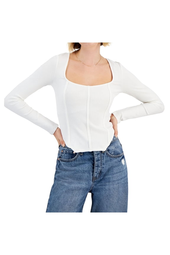 Womens Ribbed Corset Embellished T-Shirt, Off-White, Juniors, Large