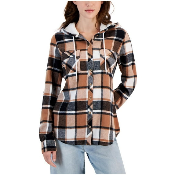 JUST POLLY Womens Shacket Shirt Jacket, Brown, Juniors, Small