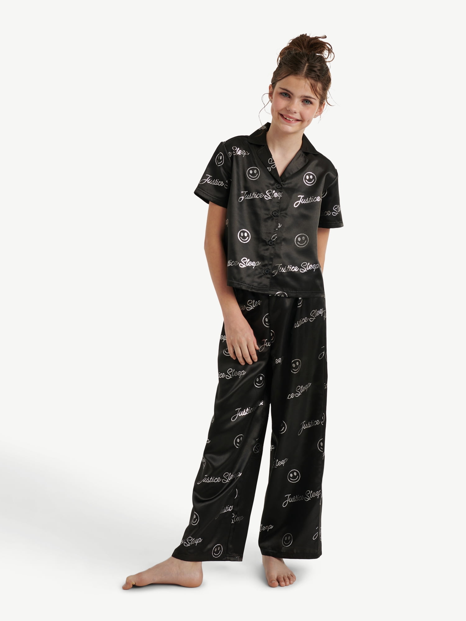 Justice Girls Satin Short Sleeve Button Front Sleep Top and Sleep Pants, 2-Piece, Sizes 5-18 & Plus