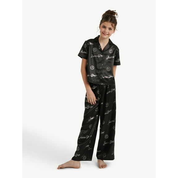 Justice Girls Satin Short Sleeve Button Front Sleep Top and Sleep Pants, 2-Piece, Sizes 5-18 & Plus