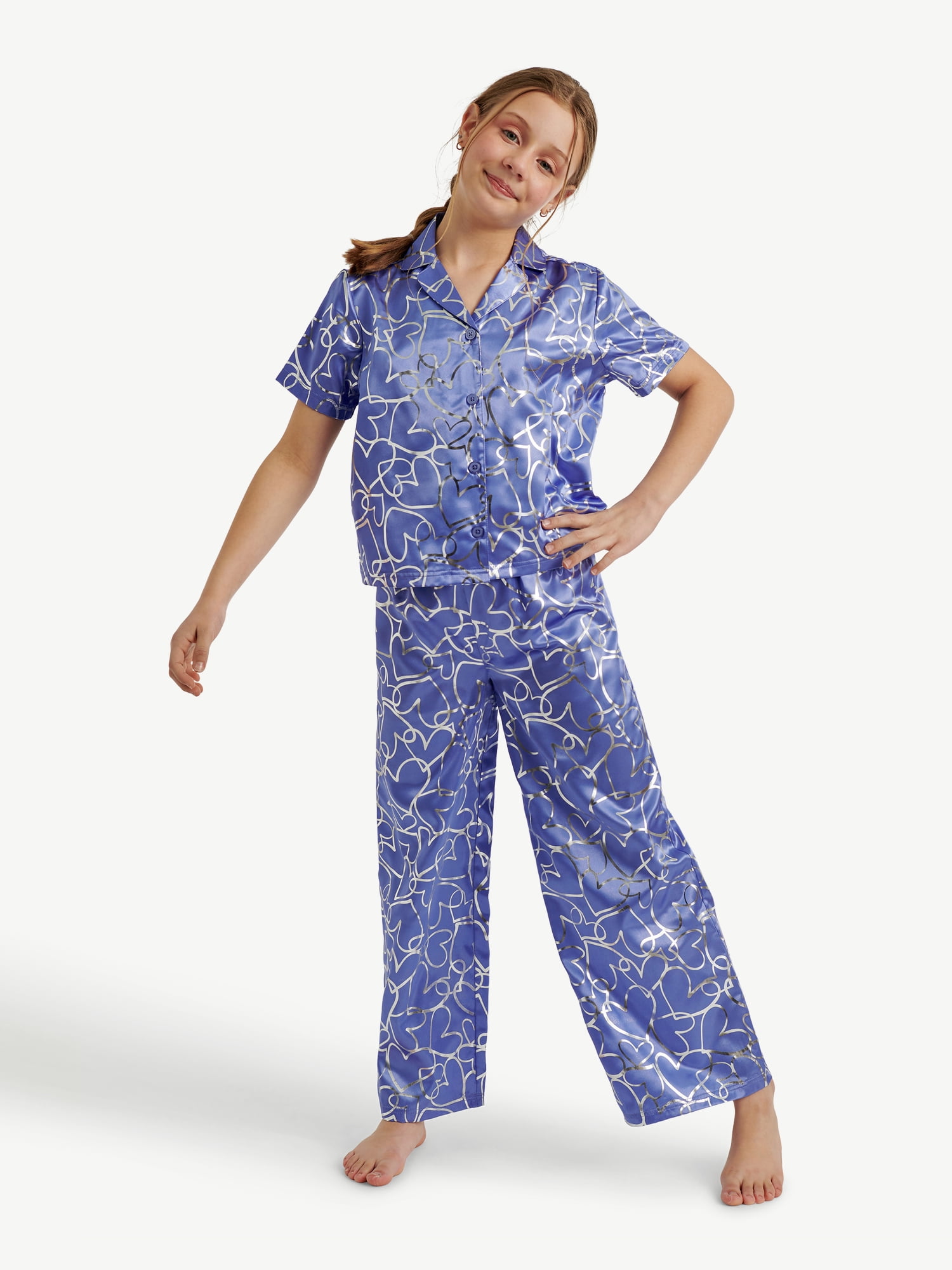 Justice Girls Satin Short Sleeve Button Front Sleep Top and Sleep Pants, 2-Piece, Sizes 5-18 & Plus