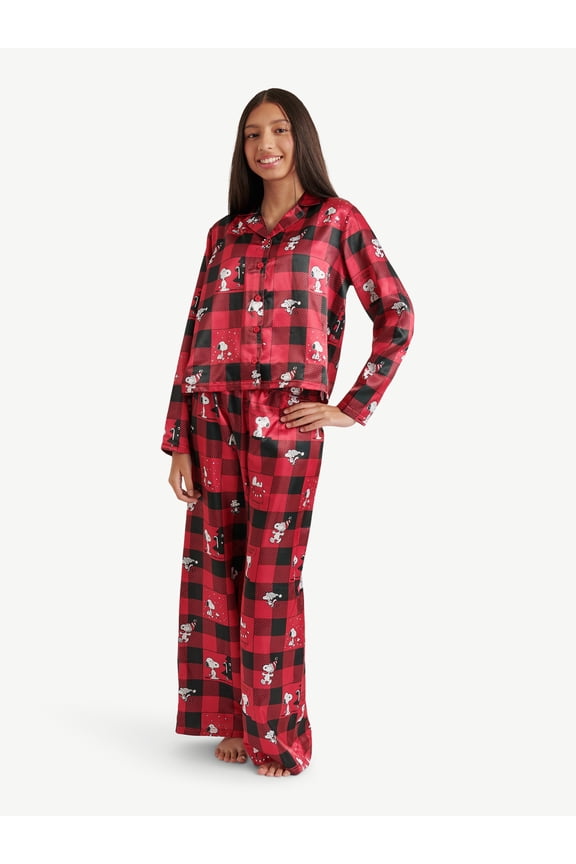 x Snoopy Girls Long Sleeve Notch Collar Sleep Top and Sleep Pants, 2-Piece, Sizes 4-18