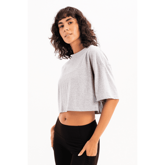 100% Cotton Crop Crew Neck Gray Women's T-Shirt - Maia