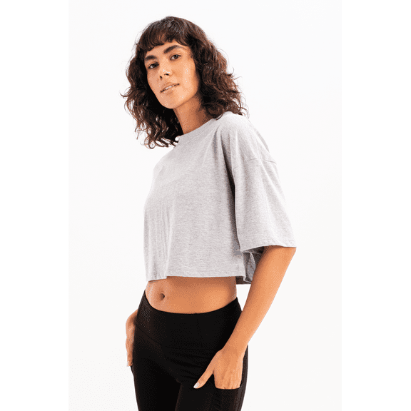 100% Cotton Crop Crew Neck Gray Women's T-Shirt - Maia