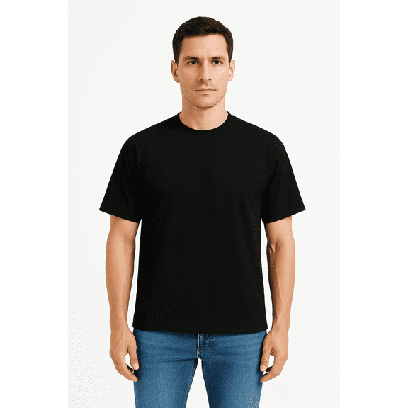 100% Cotton Oversize Fit Crew Neck Black Men's T-Shirt - Alpha