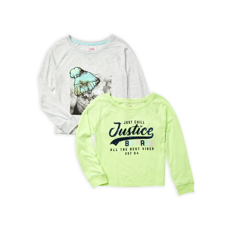 JUSTICE Girls Long Sleeve 2 Pack Graphic T-shirt, Sizes XS(5/6)-XL