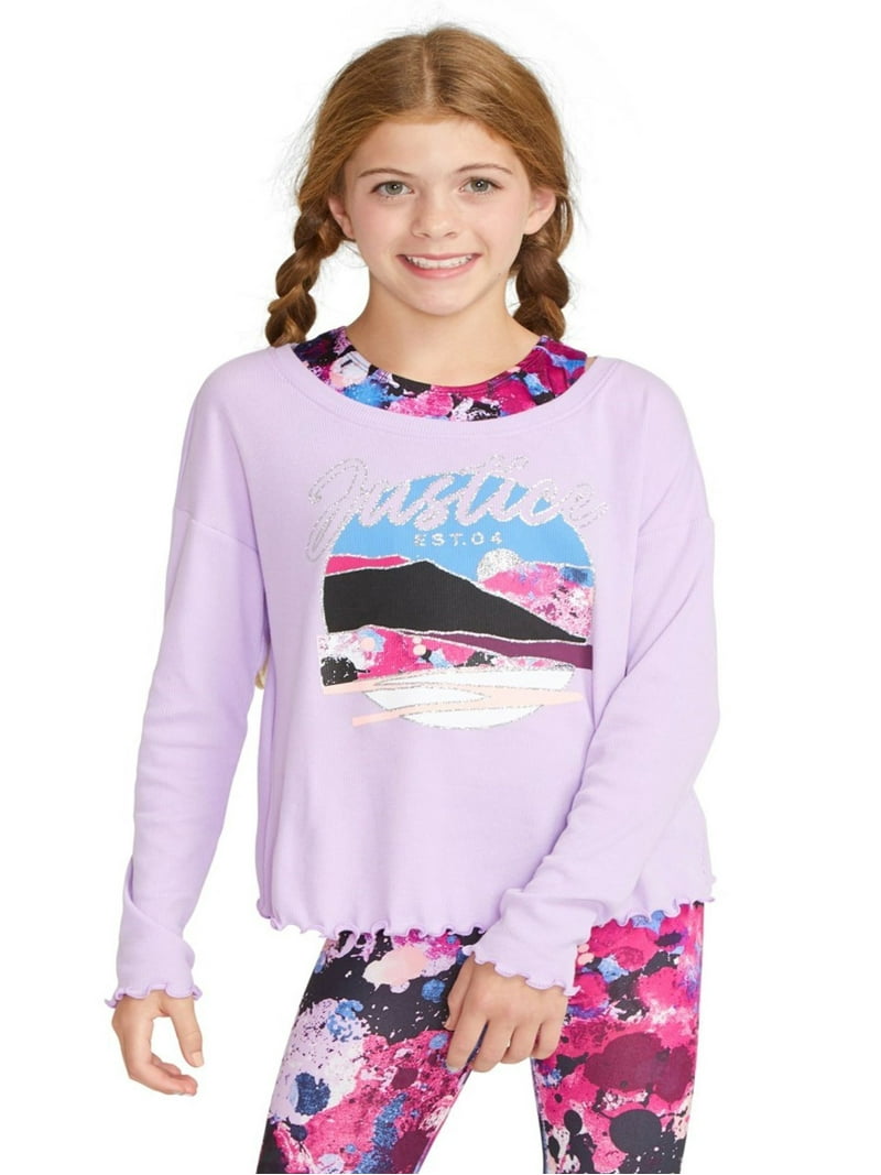 JUSTICE Girls Long Sleeve Collection X 2Fer Top, Sizes XS(5