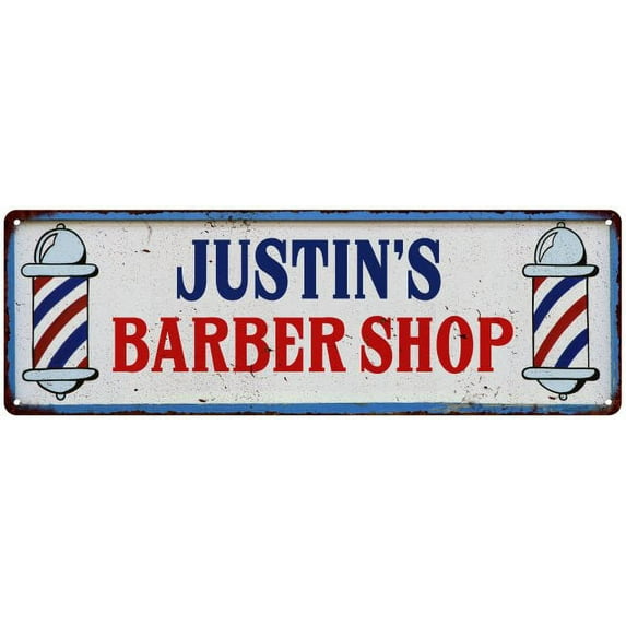 JUSTIN'S Barber Shop Hair Salon Gift Metal Sign Retro 6x18 206180031277