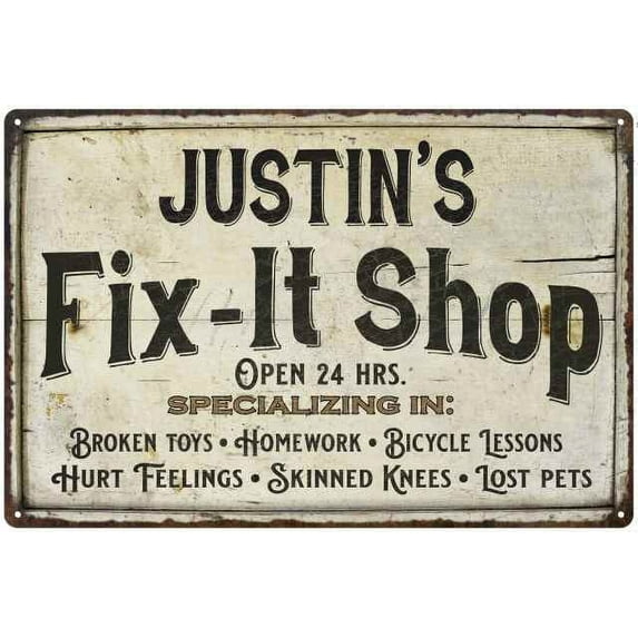 JUSTIN'S Fix-It Shop Sign Grandpa Dad Wall Decor Gift 8x12 Metal 208120006059
