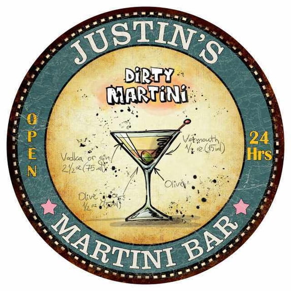 JUSTIN'S Martini Bar Round Metal Sign Kitchen Wall Décor Size: 8 x 8 inch