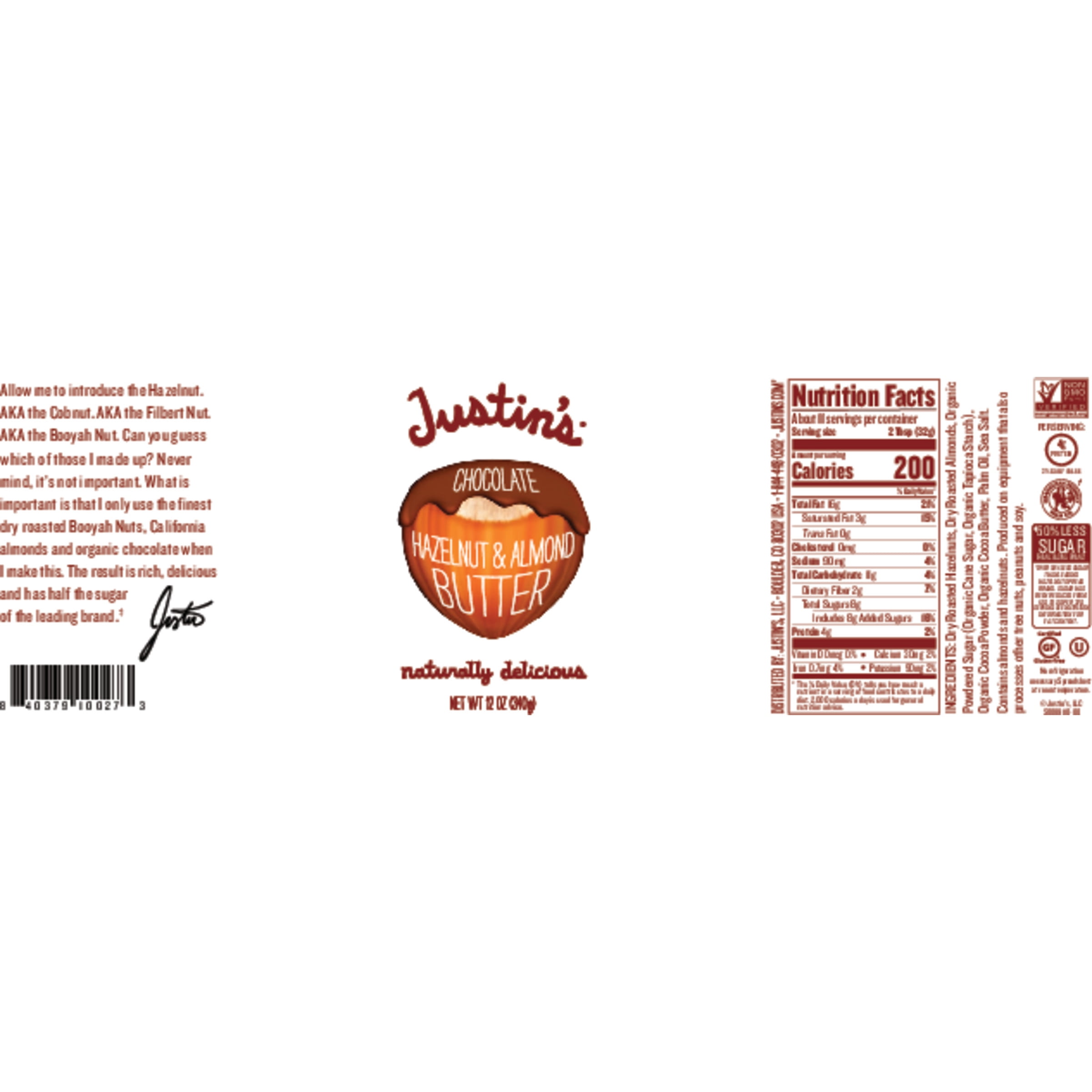 JUSTIN'S No Stir, GlutenFree Chocolate Hazelnut Almond Butter, 12 oz