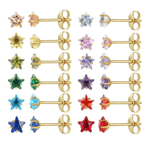 JUSTJANDM 12 Pairs 18K Gold Plated Surgical Stainless Steel Stud Earring, Round Heart Star Square Teardrop Cubic Zirconia Birthstone Stud Earrings Set for Women