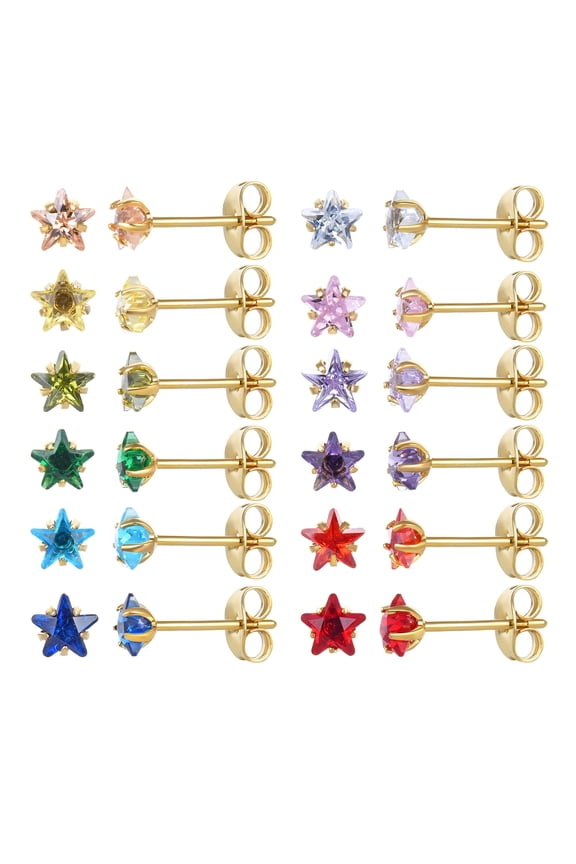 12 Pairs 18K Gold Plated Surgical Stainless Steel Stud Earring, Round Heart Star Square Teardrop Cubic Zirconia Birthstone Stud Earrings Set for Women