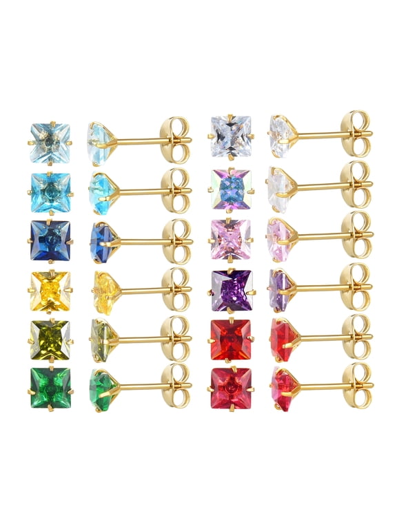 12 Pairs 18K Gold Plated Surgical Stainless Steel Stud Earring, Round Heart Star Square Teardrop Cubic Zirconia Birthstone Stud Earrings Set for Women