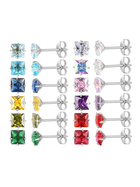 12 Pairs 18K Gold Plated Surgical Stainless Steel Stud Earring, Round Heart Star Square Teardrop Cubic Zirconia Birthstone Stud Earrings Set for Women