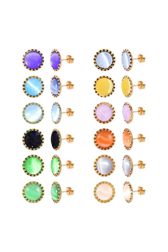 12 Pairs Colored Cat's Eye Gemstone Stud Earrings, 18K Gold Plated Surgical Stainless Steel Multicolor Gem Stone Stud Earrings Set for Women