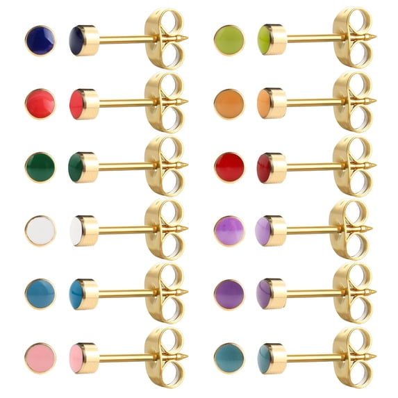 JUSTJANDM 12 Pairs Enamel Ear Piercing Stud Earrings, Surgical Stainless Steel Multicolor Epoxy Birthstone Stud Earrings for Ear Piercing Guns