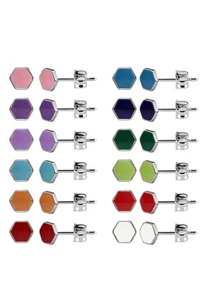 12 Pairs Enamel Stud Earrings Surgical Stainless Steel Round Heart Star Square Hexagon Epoxy Stud Earrings