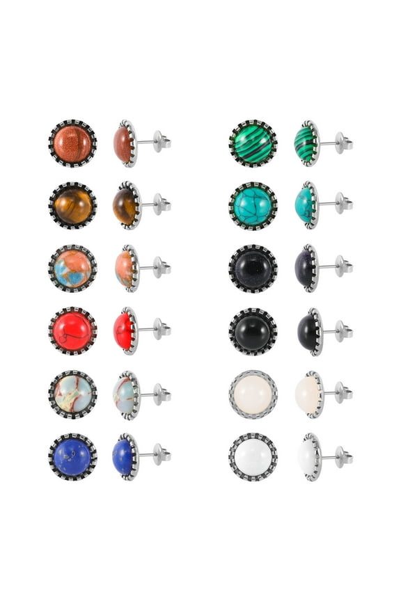 12 Pairs Multi Gemstone Stud Earrings Gold Plated Stainless Steel Turquoise Tiger Eye Onyx Lapis Lazuli Malachite Stone Stud Earrings Set for Women