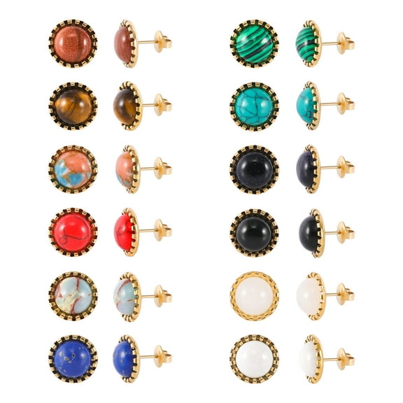 JUSTJANDM 12 Pairs Multi Gemstone Stud Earrings Gold Plated Stainless Steel Turquoise Tiger Eye Onyx Lapis Lazuli Malachite Stone Stud Earrings Set for Women