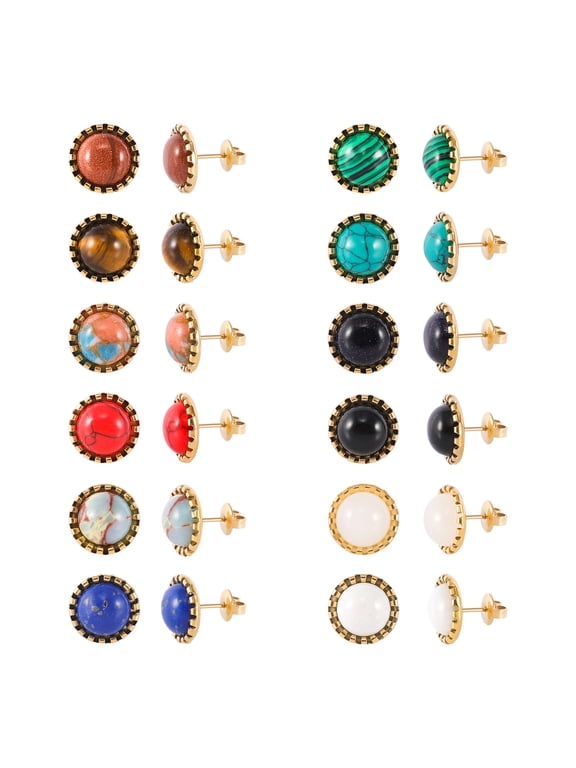 12 Pairs Multi Gemstone Stud Earrings Gold Plated Stainless Steel Turquoise Tiger Eye Onyx Lapis Lazuli Malachite Stone Stud Earrings Set for Women
