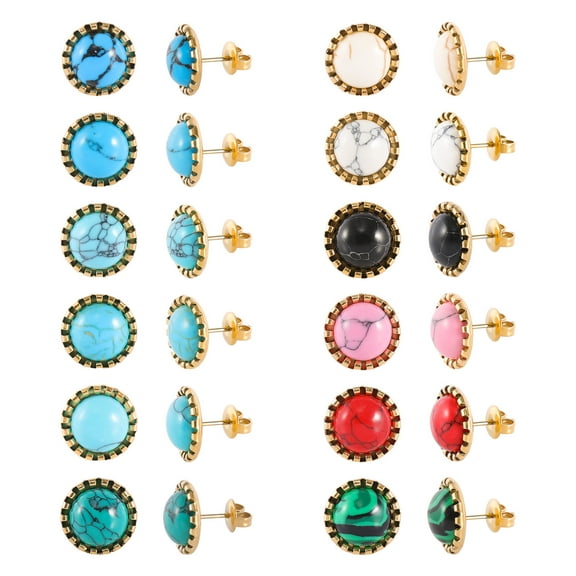 JUSTJANDM 12 Pairs Multi Gemstone Turquoise Stud Earrings Gold Plated Stainless Steel Gem Stone Stud Earrings Set for Women