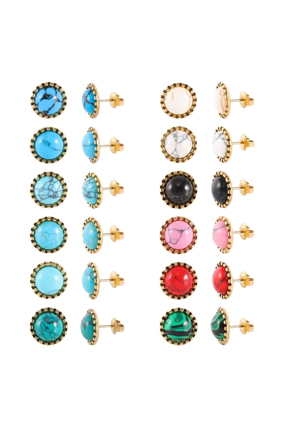 12 Pairs Multi Gemstone Turquoise Stud Earrings Gold Plated Stainless Steel Gem Stone Stud Earrings Set for Women