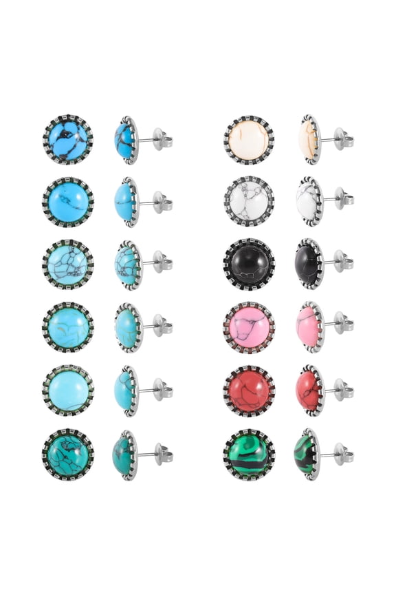 12 Pairs Multi Gemstone Turquoise Stud Earrings Gold Plated Stainless Steel Gem Stone Stud Earrings Set for Women