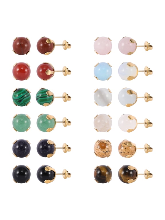 12 Pairs Multi Natural Gemstone Round Bead Ball Stud Earrings Stainless Steel Opal Tiger Eye Rose Quartz Onyx Stone Stud Earrings Set for Women