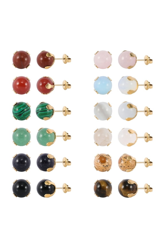 12 Pairs Multi Natural Gemstone Round Bead Ball Stud Earrings Gold Plated Stainless Steel Tiger Eye Rose Quartz Agate Onyx Opal Malachite Stone Stud Earrings Set for Women