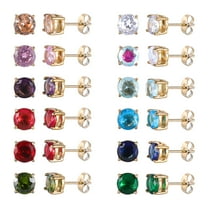 JUSTJANDM 12 Pairs Surgical Stainless Steel Round Birthstone Multi Colored Cubic Zirconia Stud Earrings Set Gold Plated
