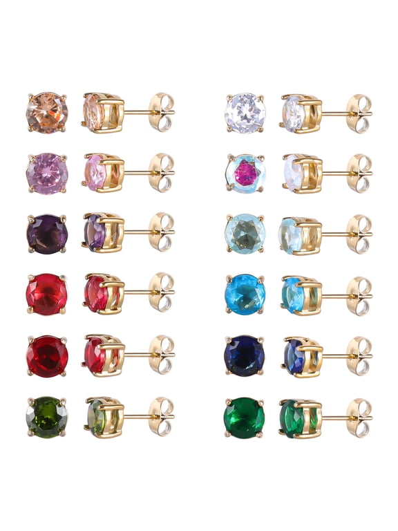 12 Pairs Surgical Stainless Steel Round Birthstone Multi Colored Cubic Zirconia Stud Earrings Set Gold Plated