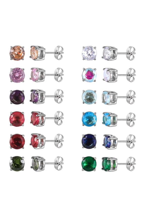12 Pairs Surgical Stainless Steel Round Birthstone Multi Colored Cubic Zirconia Stud Earrings Set Gold Plated