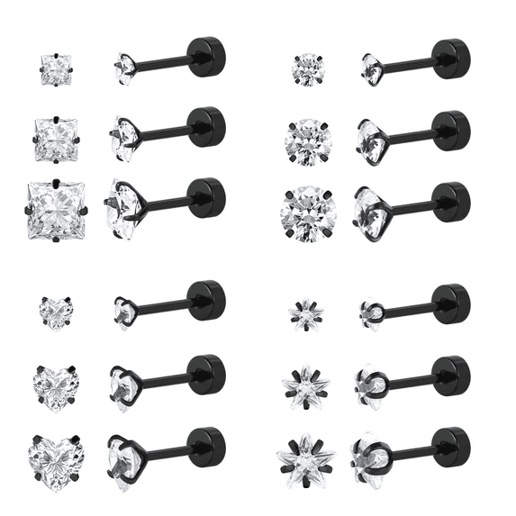 JUSTJANDM 12 Pairs Surgical Stainless Steel Screw back Stud Earrings, 18K Gold Black Plated Star Heart Square Princess Cut Round Cubic Zirconia CZ Stud Earrings Set