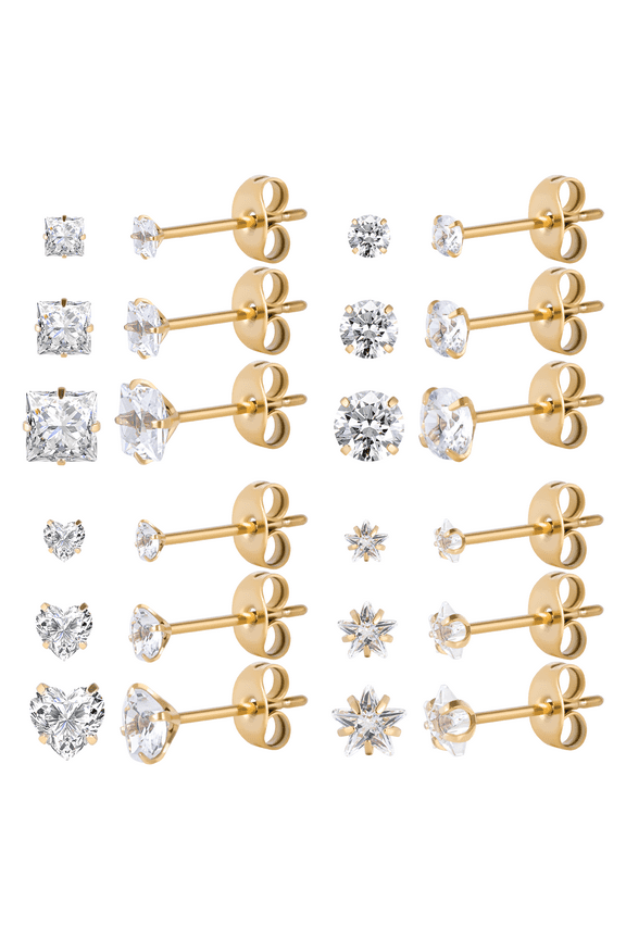 12 Pairs Surgical Stainless Steel Screw back Stud Earrings, 18K Gold Black Plated Star Heart Square Princess Cut Round Cubic Zirconia CZ Stud Earrings Set