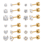 12 Pairs Surgical Stainless Steel Screw back Stud Earrings, 18K Gold Black Plated Star Heart Square Princess Cut Round Cubic Zirconia CZ Stud Earrings Set