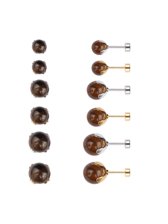 6Pairs Gemstone Round Bead Ball Stud Earrings Gold Plated Silver Flat Back Tiger Eye Turquoise Agate Stone Stud Earrings for Women