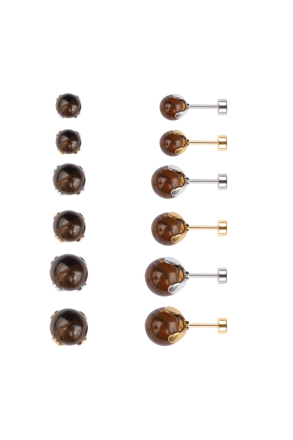 6Pairs Gemstone Round Bead Ball Stud Earrings Gold Plated Silver Flat Back Tiger Eye Turquoise Agate Stone Stud Earrings for Women