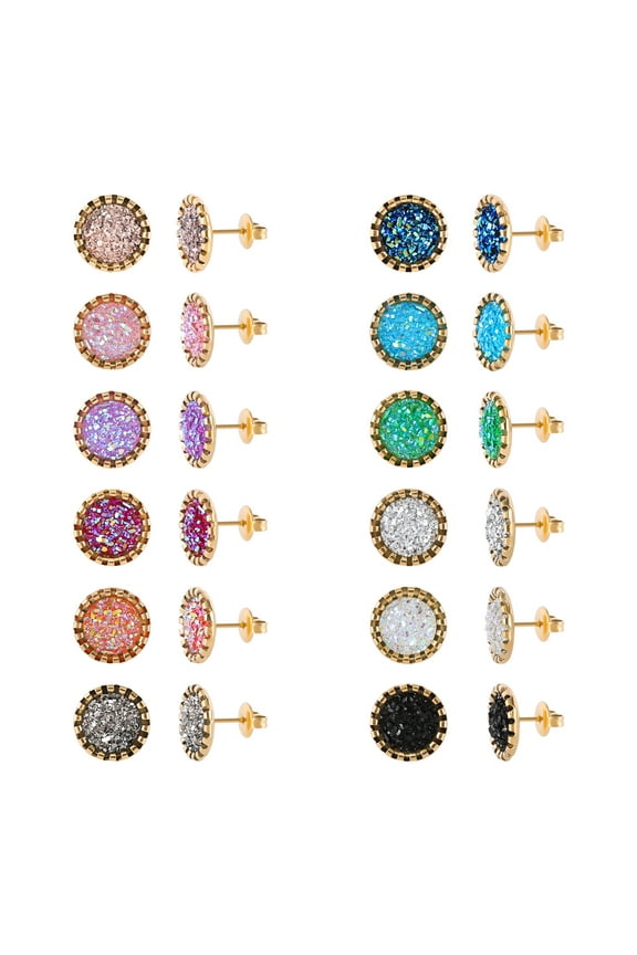 Stainless Steel Round Druzy Multi Colored Stud Earring Set for Men Women Gold Plated Surgical Steel Faux Druzy Stud Earrings 12 Pairs