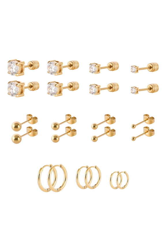 Stainless Steel Screw Back Stud Earrings Set, Gold Plated Round Heart Square Princess Cut Cubic Zirconia Stud Earrings for Women