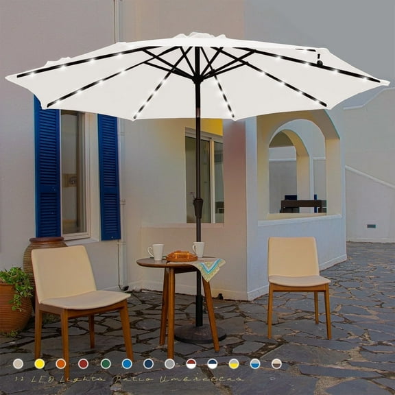 JUSTLET 10 ft Patio Umbrella for Table, Outdoor Sun Umbrella with LED Solar Lights, Creamy White