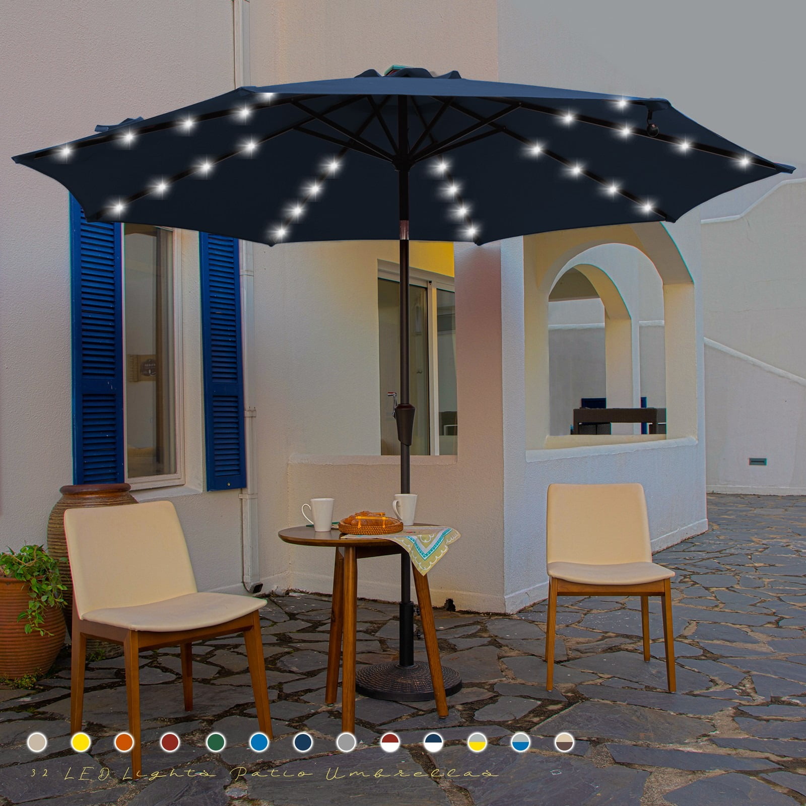 JUSTLET 10 ft Patio Umbrella for Table, Outdoor Sun Umbrella with LED Solar Lights, Navy Blue